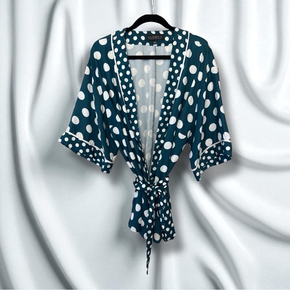 Eloquii Plus Size Teal Polka Dot Kimono Top - Picture 2 of 6